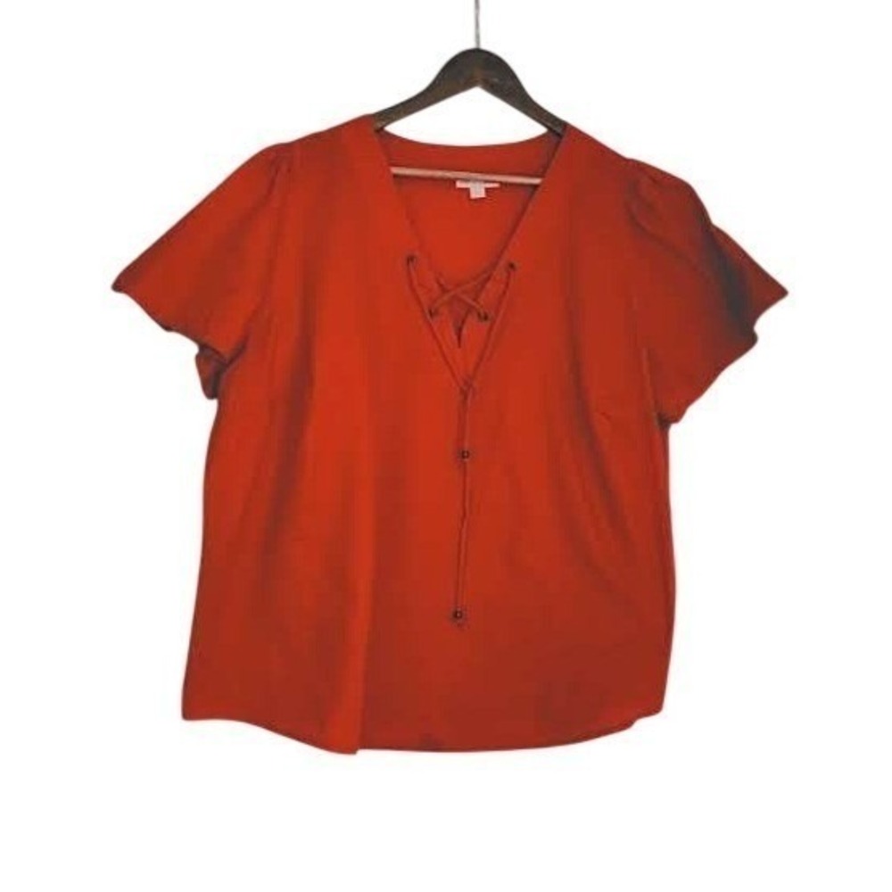 Knox Rose Red Lace Up 100% Cotton Bohemian Blouse  Fits L/ XL‎ Short Slve V-Neck